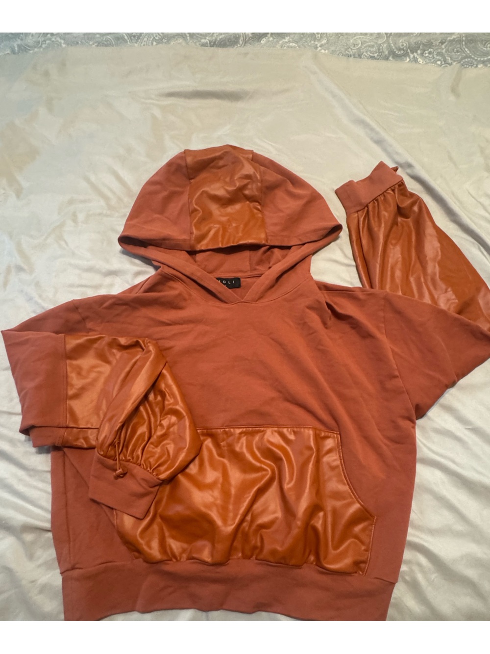 Noli Burnt Orange Faux Leather Knit Mixed Media Hoodie Sweatshirt L